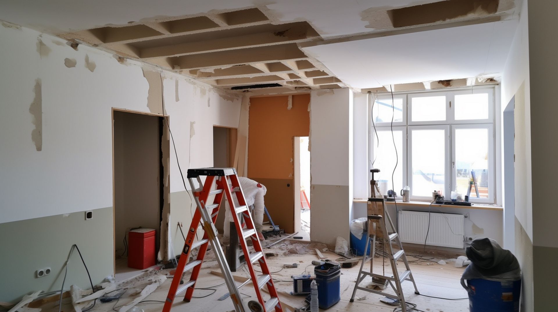 Une pièce en rénovation avec un escabeau, des outils, des débris au sol et une grande fenêtre laissant entrer la lumière du jour.