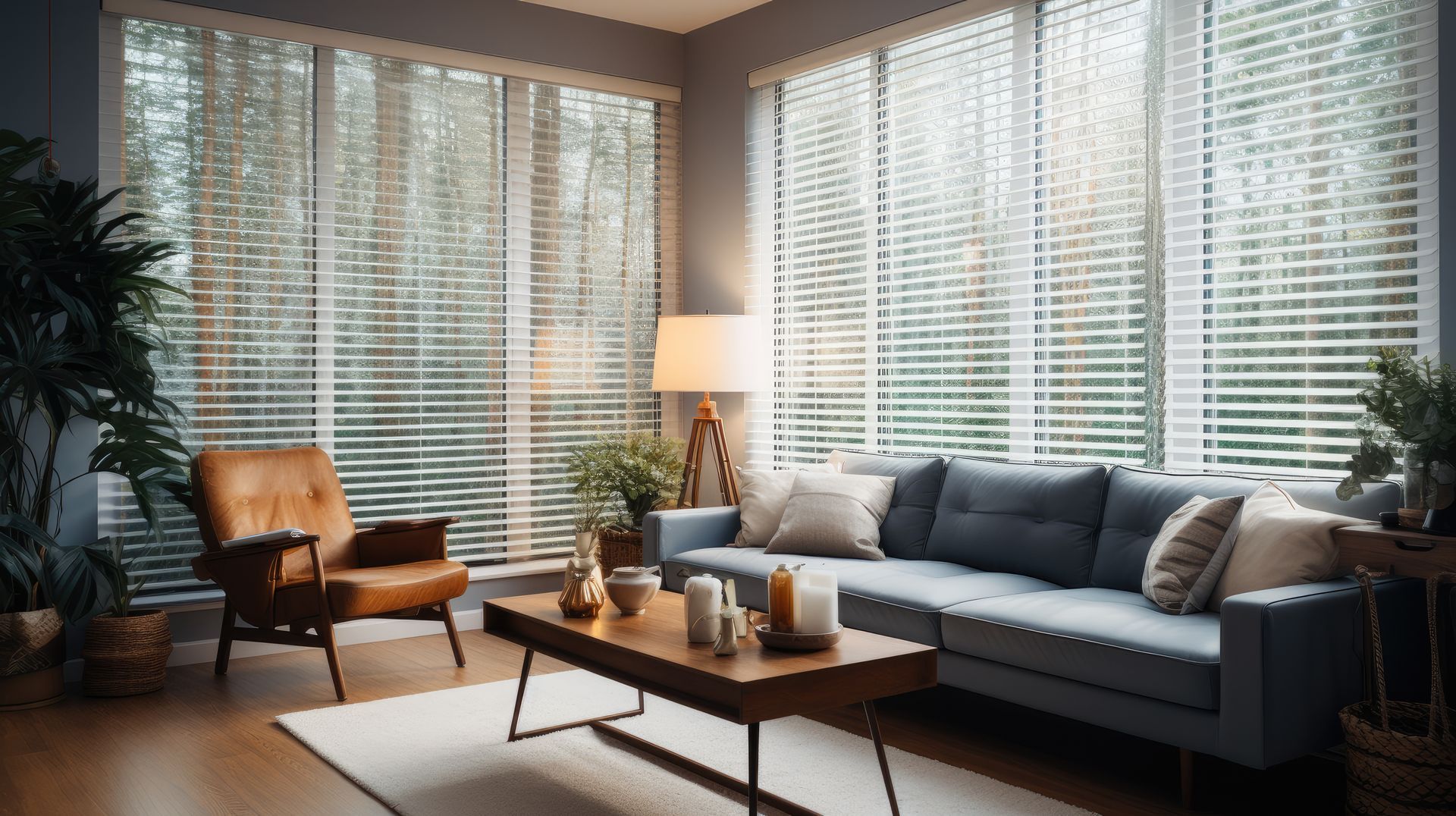 Un salon baigné de soleil avec un fauteuil beige, un canapé bleu, une table basse avec des bougies et de grandes fenêtres à stores blancs.