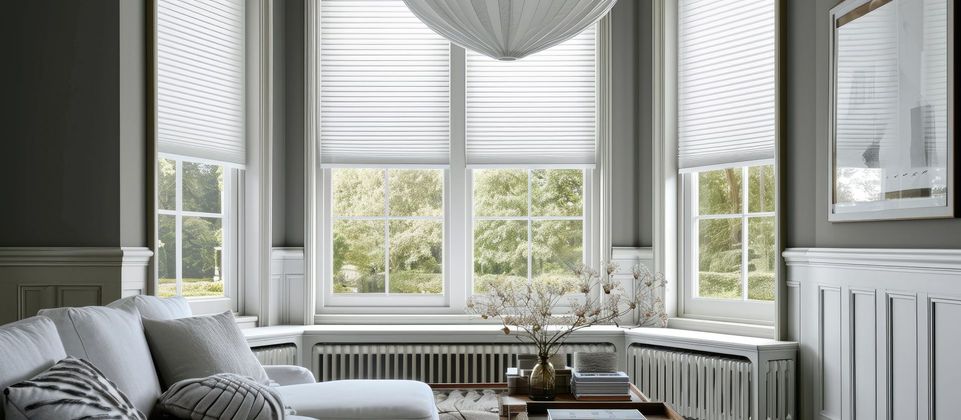 Un salon aux murs gris et du coffrage blanc, un canapé, une baie vitrée avec stores romains blancs et des radiateurs.
