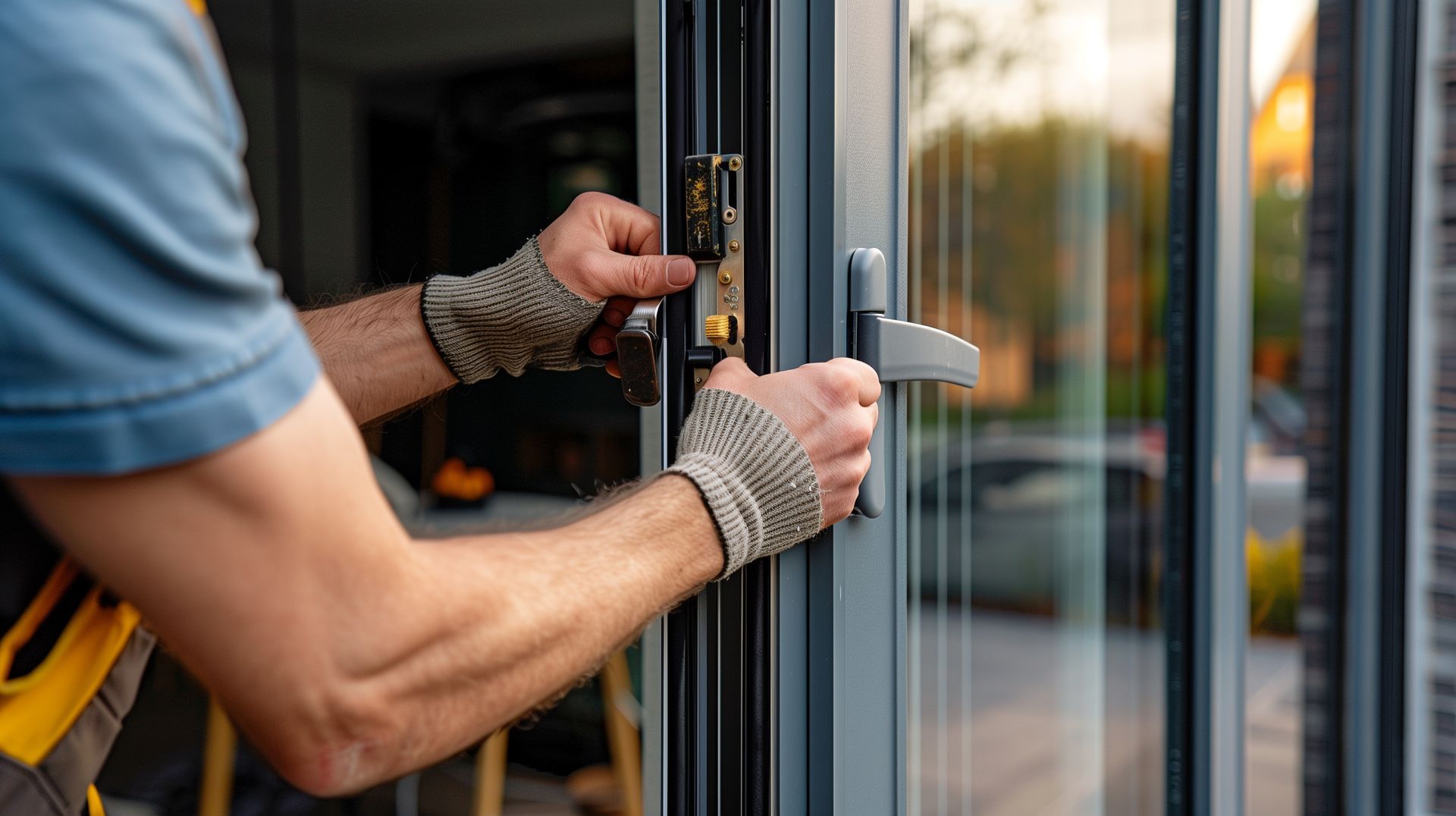 Une personne portant des protections de poignet installe ou répare un mécanisme de poignée sur une porte vitrée à cadre gris.