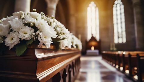 Un cercueil orné de fleurs blanches se trouve à l'intérieur d'une église, éclairé par la lumière du soleil filtrant à travers de hautes fenêtres.