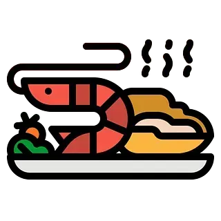 Un plato de comida con camarones y verduras sobre un fondo blanco.
