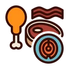 Un icono de una pierna de pollo, tocino y un plato de comida.