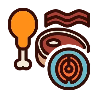 Un icono de una pierna de pollo, tocino y un plato de comida.