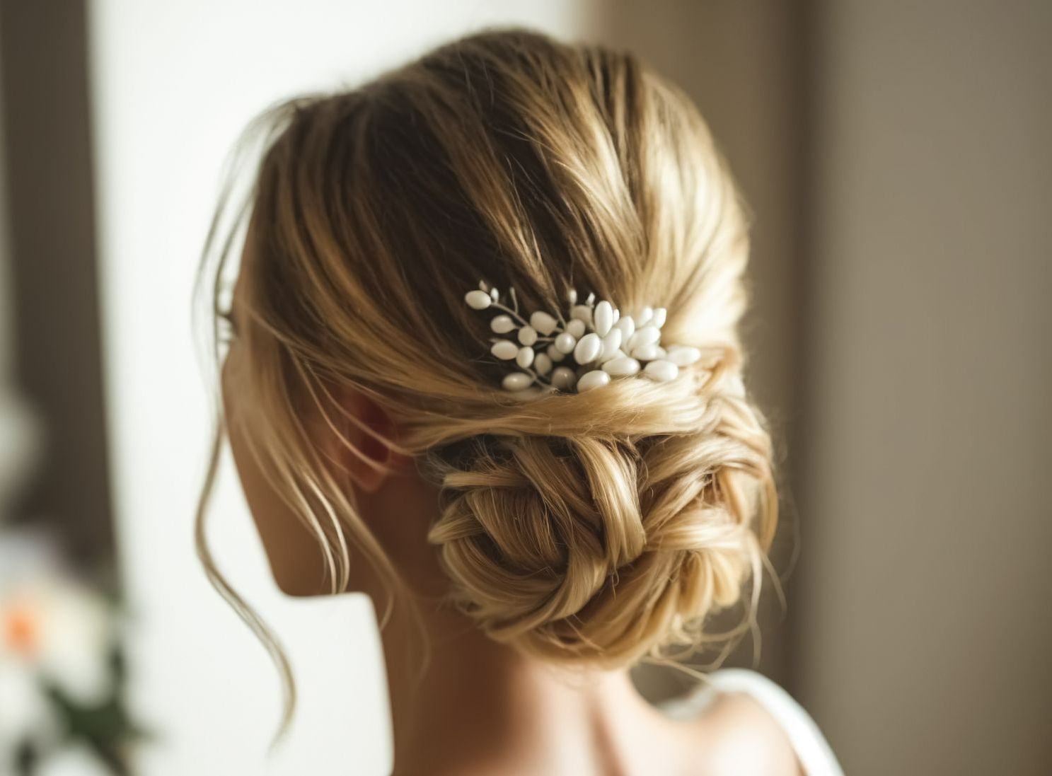 Chingnon de mariée avec barrette perlée sur chevelure blonde