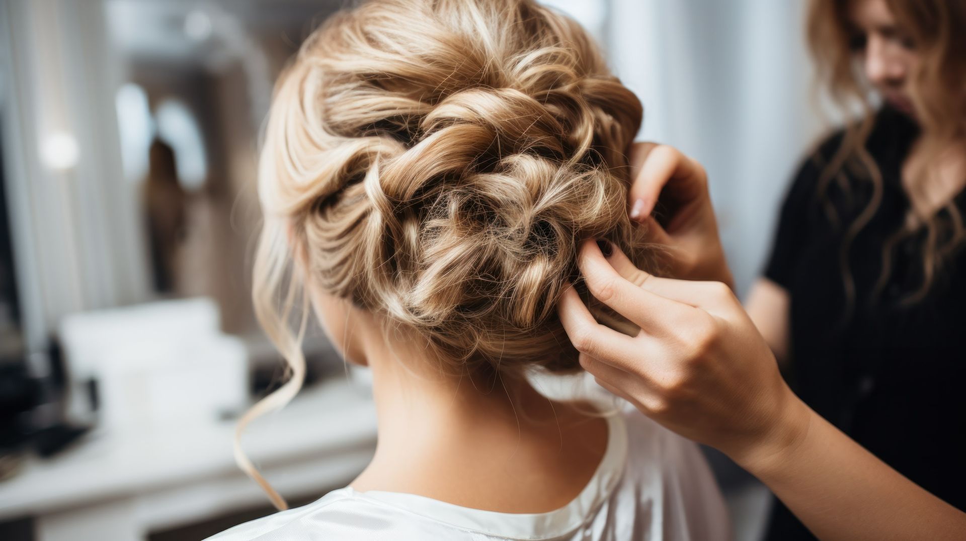 Mains réalisant un chignon sur chevelure blonde