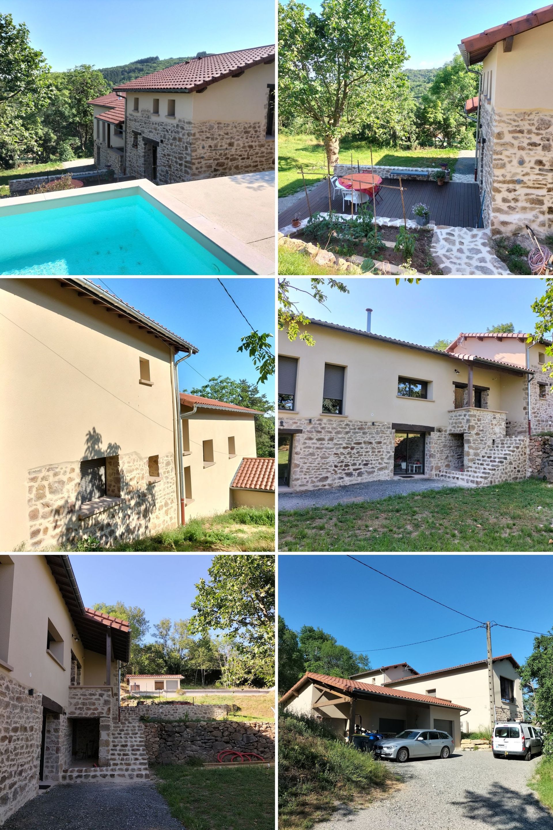 Collage de six photos de rénovation de maison en pierres