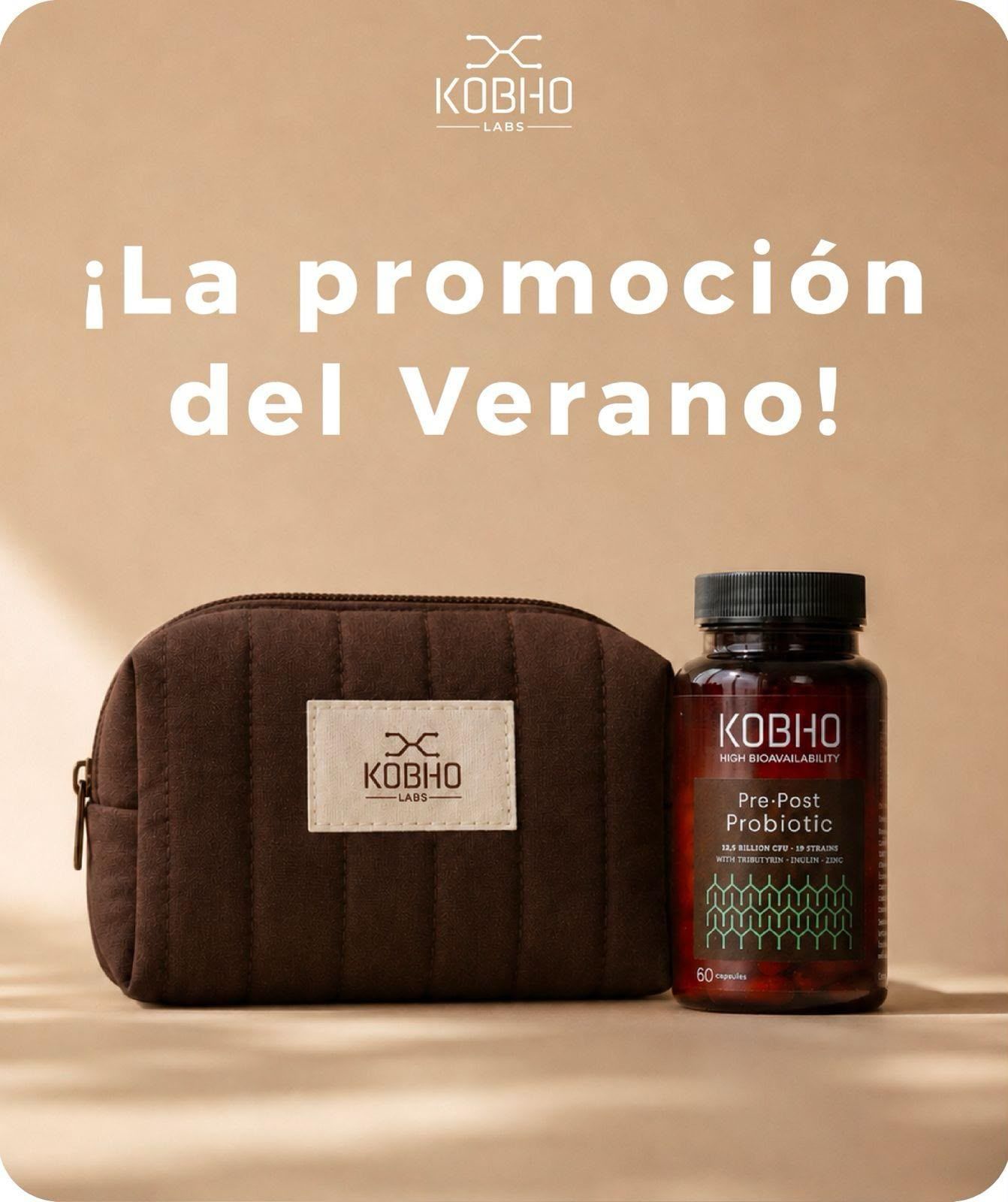 Promoción de verano con estuche marrón y frasco de producto sobre fondo beige