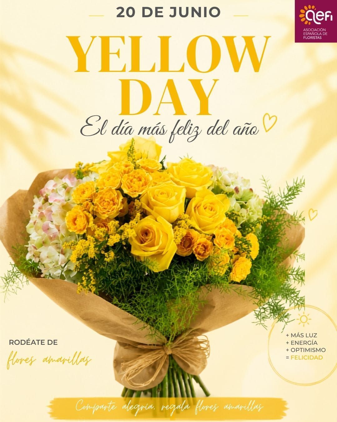 Cartel amarillo del Día de la Madre con ramo de rosas amarillas y texto en español.