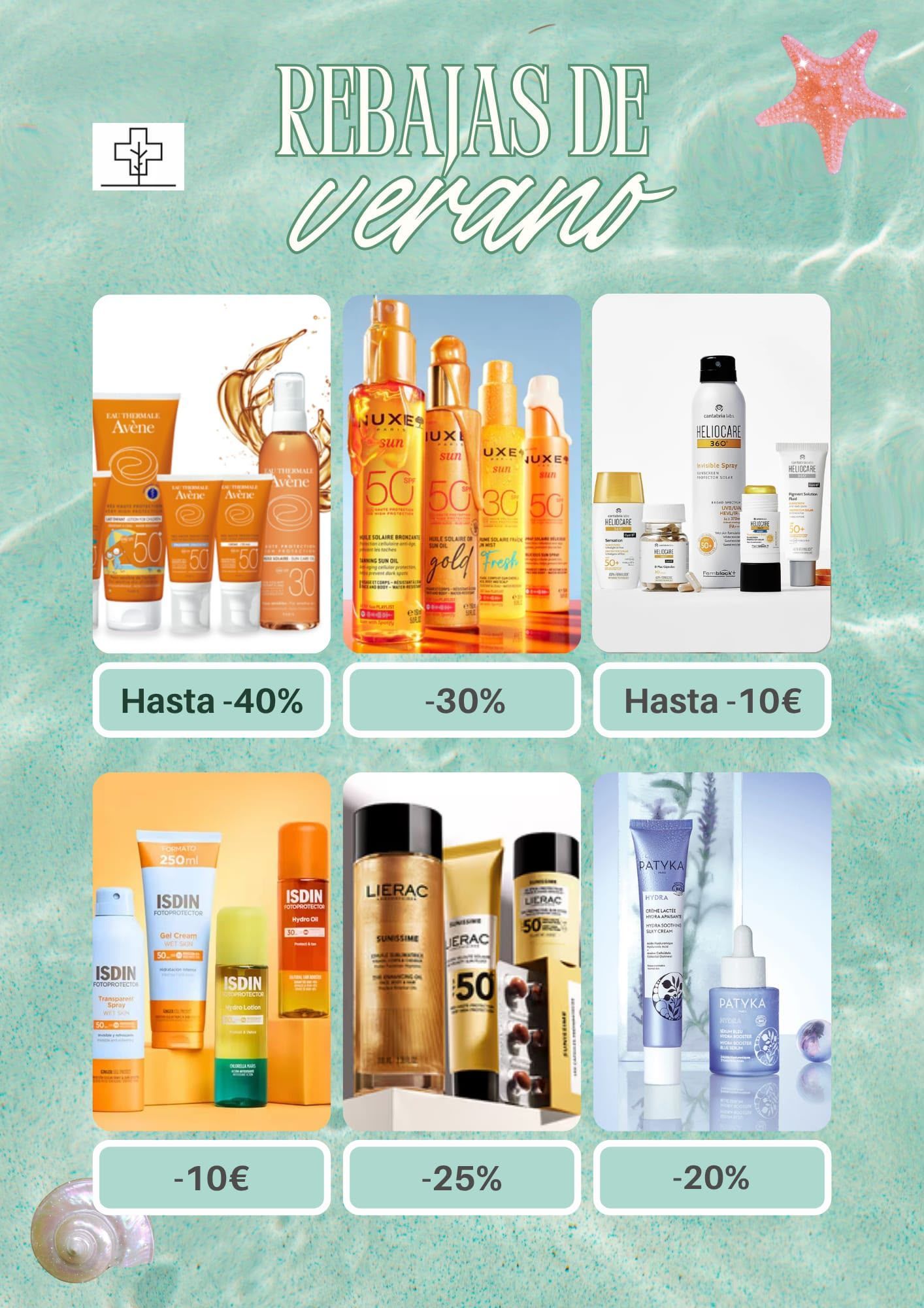 Cartel de rebajas de verano con productos de belleza y descuentos de hasta el 40% y 10€ de descuento sobre un fondo menta.