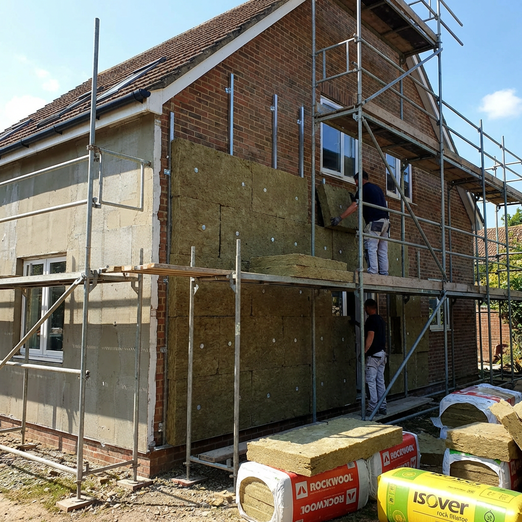 Maison en rénovation avec échafaudages et panneaux isolants sur les murs extérieurs