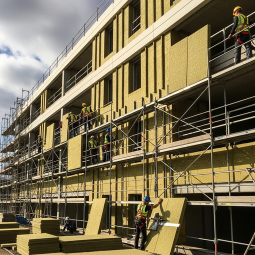 Des ouvriers du bâtiment travaillent sur des échafaudages autour d'un bâtiment jaune en rénovation.