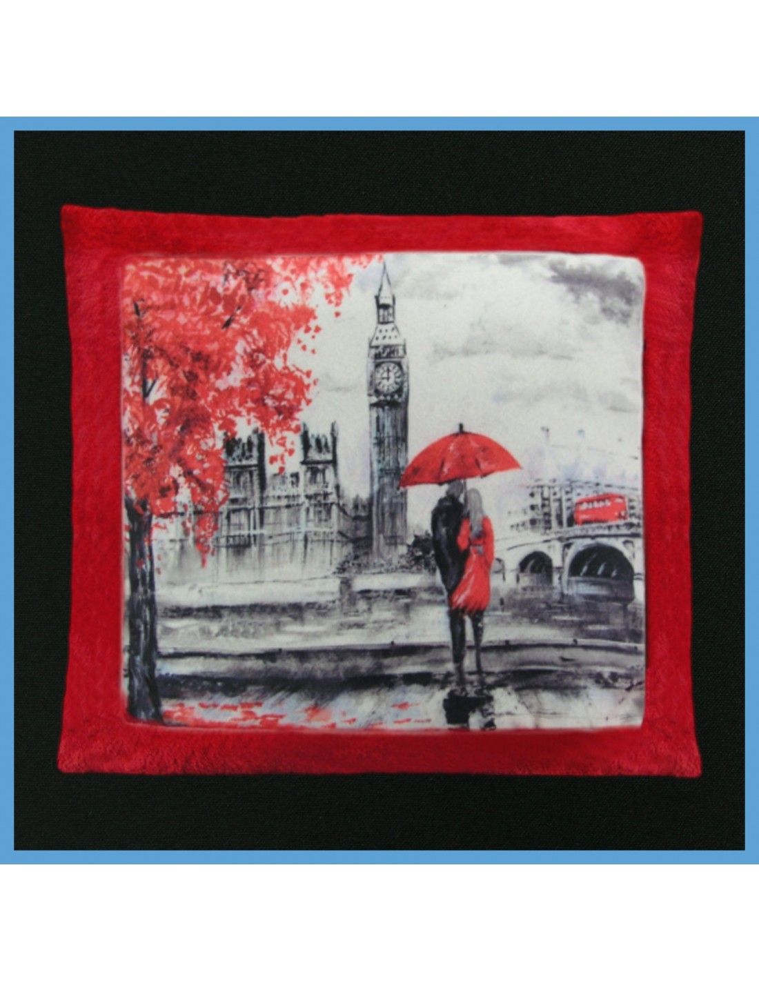 Una pintura de una pareja sosteniendo un paraguas frente al Big Ben.
