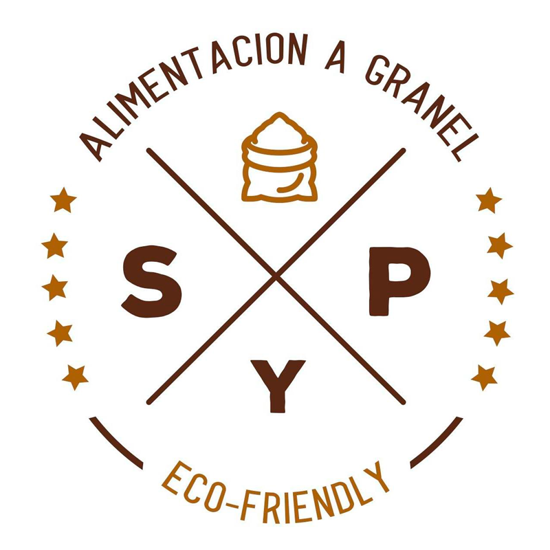 Logotipo ecológico marrón y circular de alimentos, con líneas cruzadas, las letras S P Y, estrellas y un icono de un tarro.
