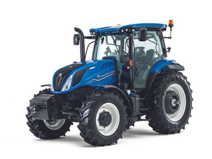 Blauer New Holland Traktor, Seitenansicht.