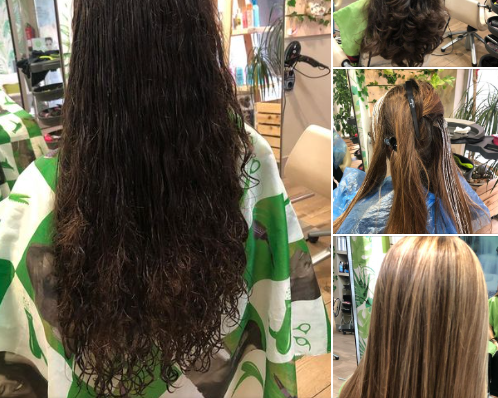 Una mujer se está cortando el pelo en una peluquería.