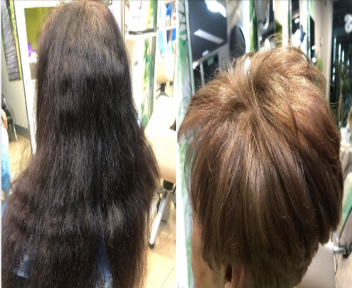 Una foto de antes y después del cabello de una mujer en un salón.