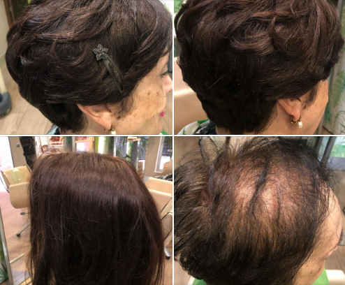 Un collage de cuatro fotografías del cabello de una mujer antes y después de un corte de pelo.