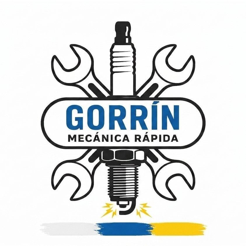 Logo de Gorr&iacute;n Mec&aacute;nica R&aacute;pida con llave y buj&iacute;a, en azul, negro y gris, sobre fondo blanco.