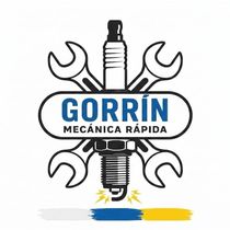 Logo de Gorrín Mecánica Rápida con llave y bujía, en azul, negro y gris, sobre fondo blanco.