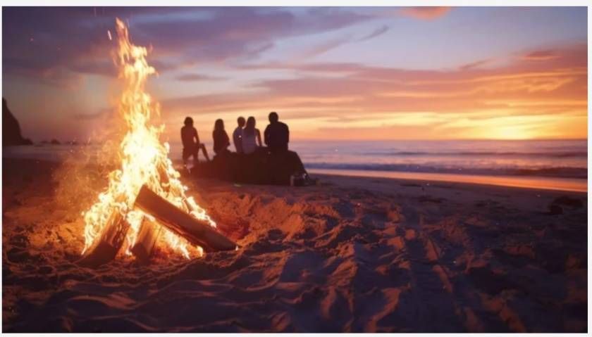 Campfire on a beach at sunset with a group of people silhouetted in the background.