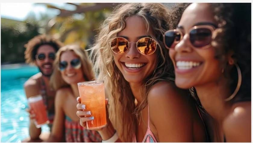 People by a pool, smiling and holding drinks. Sunlight, sunglasses, and a summer vibe.