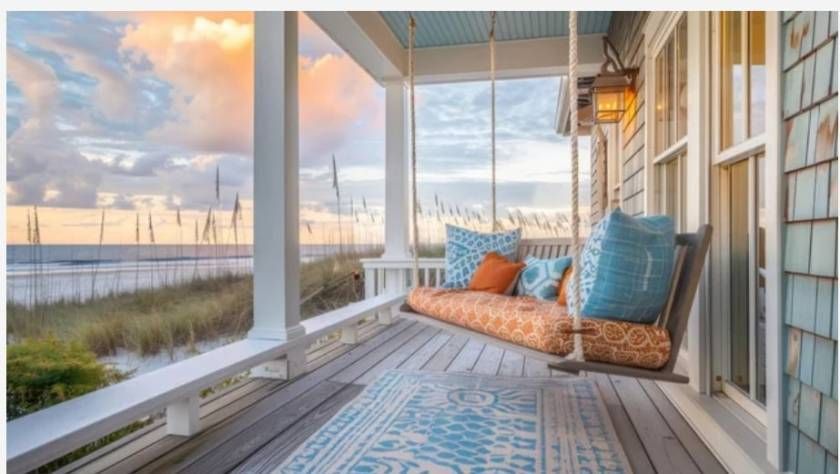 Porch swing with colorful cushions overlooking a beach at sunset.
