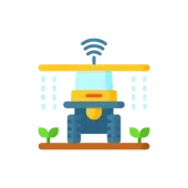 Tractor autónomo pulverizando cultivos, colores azul, amarillo y marrón, con un símbolo de señal Wi-Fi en la parte superior.