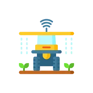 Tractor autónomo pulverizando cultivos, colores azul, amarillo y marrón, con un símbolo de señal Wi-Fi en la parte superior.