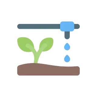 Plántula verde en suelo marrón, regada mediante sistema de riego azul.