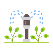 Un aspersor riega las plantas. Hojas verdes, gotas de agua azules, aspersor marrón y gris.