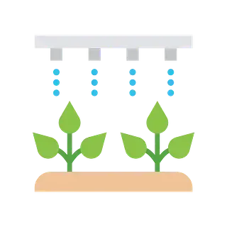 Plantas regadas mediante un sistema de aspersión, gotas de agua de color azul claro cayendo sobre plantas verdes en suelo marrón.