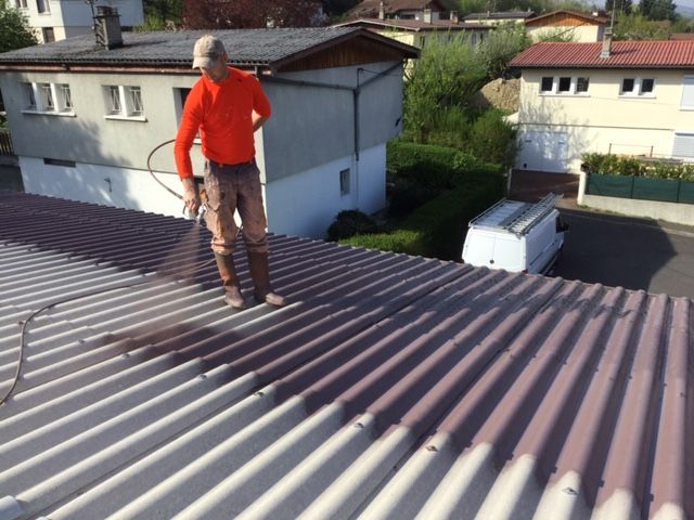 Homme qui asperge du produit pour traiter un toit