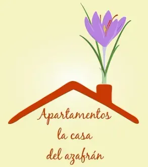 Logotipo: Techo de una casa roja con una flor de azafr&aacute;n creciendo en una chimenea. El texto dice "Apartamentos la casa del azafr&aacute;n".