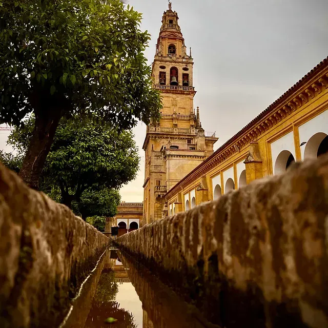 Un gran edificio con una torre de reloj está detrás de una pared de ladrillos.
