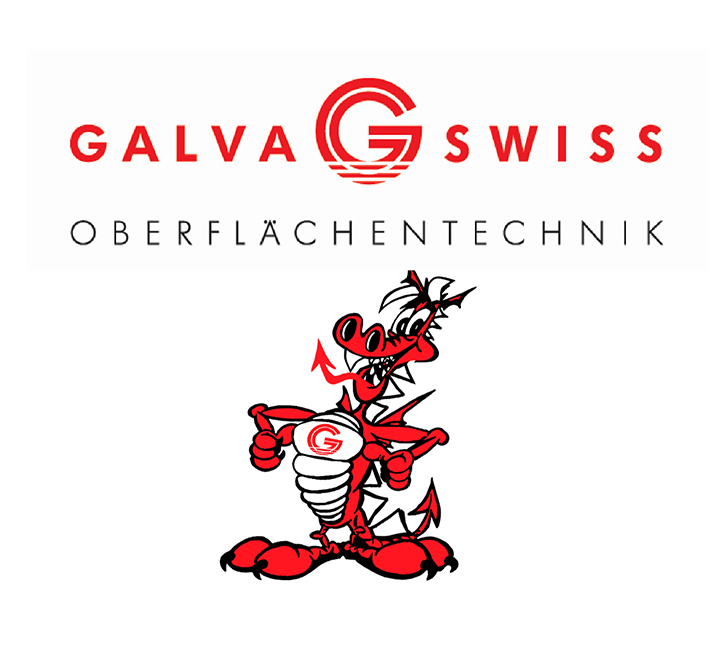 ein Logo für Galva Swiss Oberflachentechnik mit einem Cartoon-Drachen