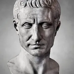 Busto de mármol de un antiguo romano de aspecto severo y cabello corto y ondulado, mostrado en escala de grises.