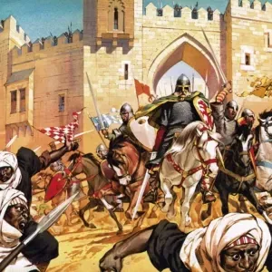 Escena de batalla medieval con soldados con armadura luchando fuera de la puerta de un castillo.