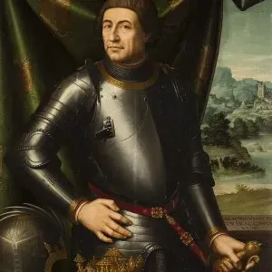 Retrato de un hombre con armadura negra y faja roja, de pie en pose formal frente a un paisaje.