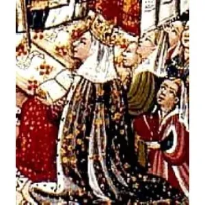 Escena de estilo medieval de una figura coronada con una capa negra rodeada de asistentes que portan estandartes e instrumentos musicales.