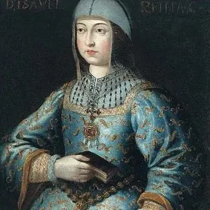 Retrato de una mujer con un vestido de brocado azul y un tocado blanco, sosteniendo un libro oscuro sobre un fondo oscuro.