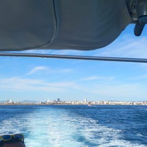 Vista desde la popa de un barco sobre aguas azules hacia el horizonte de una ciudad lejana bajo un cielo despejado.