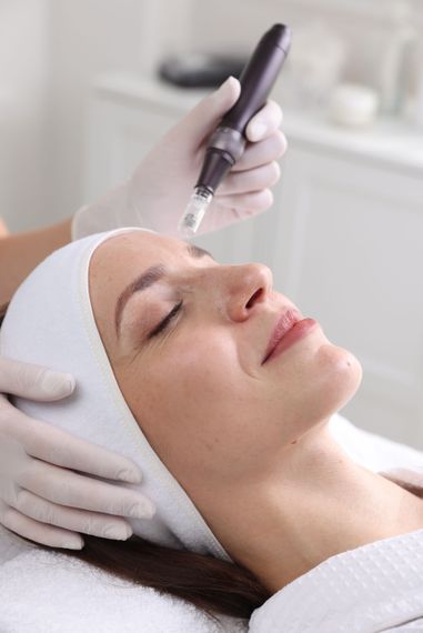 Soin esthétique du visage à l'aide d'un appareil portatif sur une femme allongée sur une table de traitement