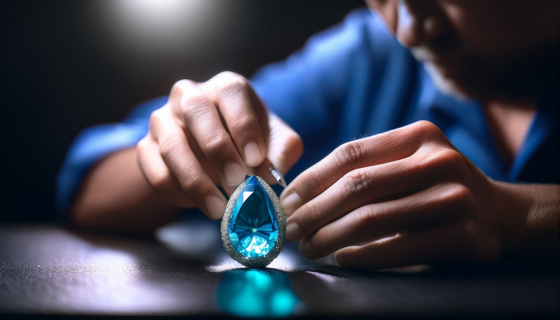 Une personne examine un pendentif en pierre précieuse bleue en forme de larme, sur fond sombre.