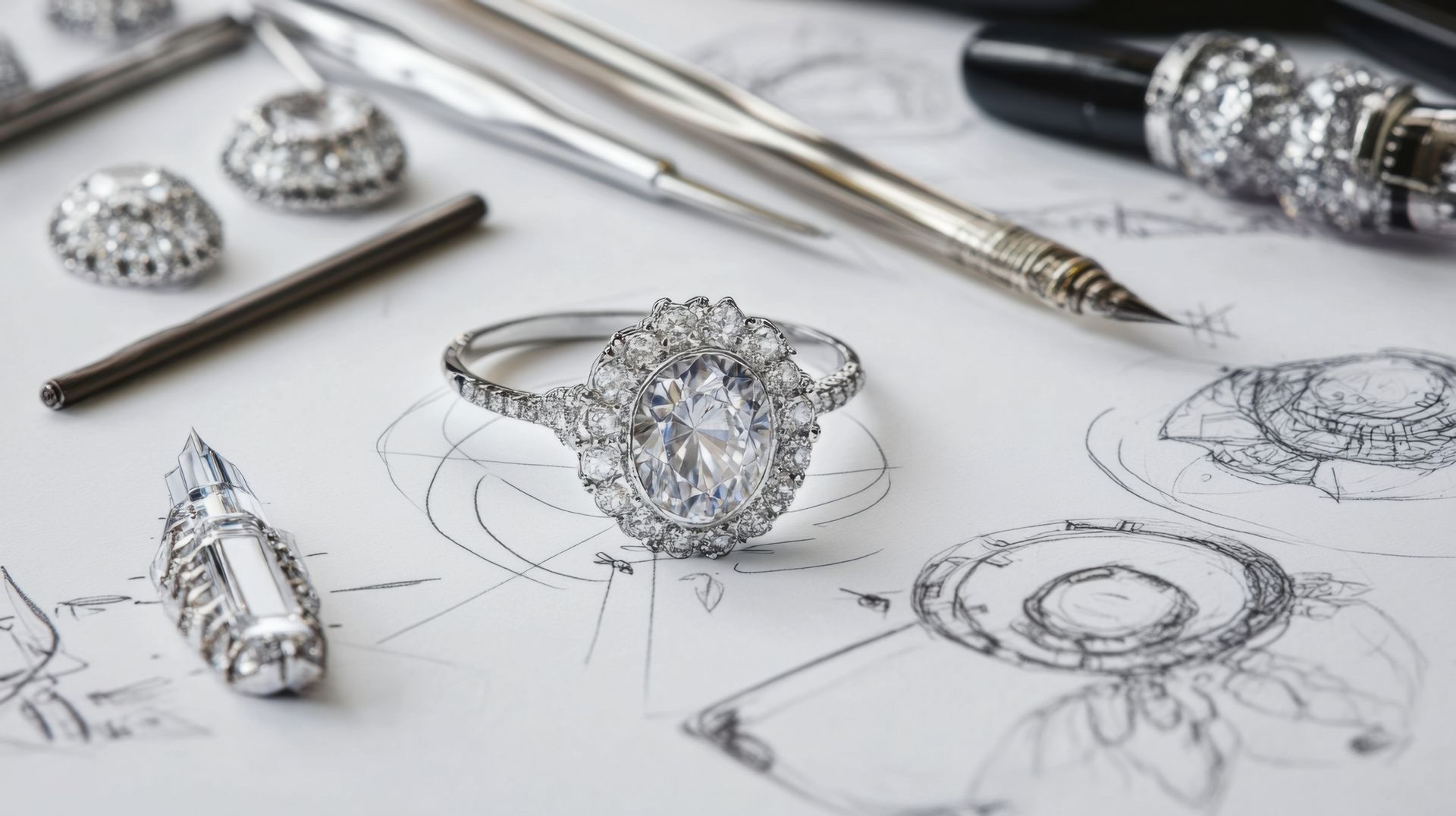 Bague en diamant entourée d'outils et de croquis de conception de bijoux.
