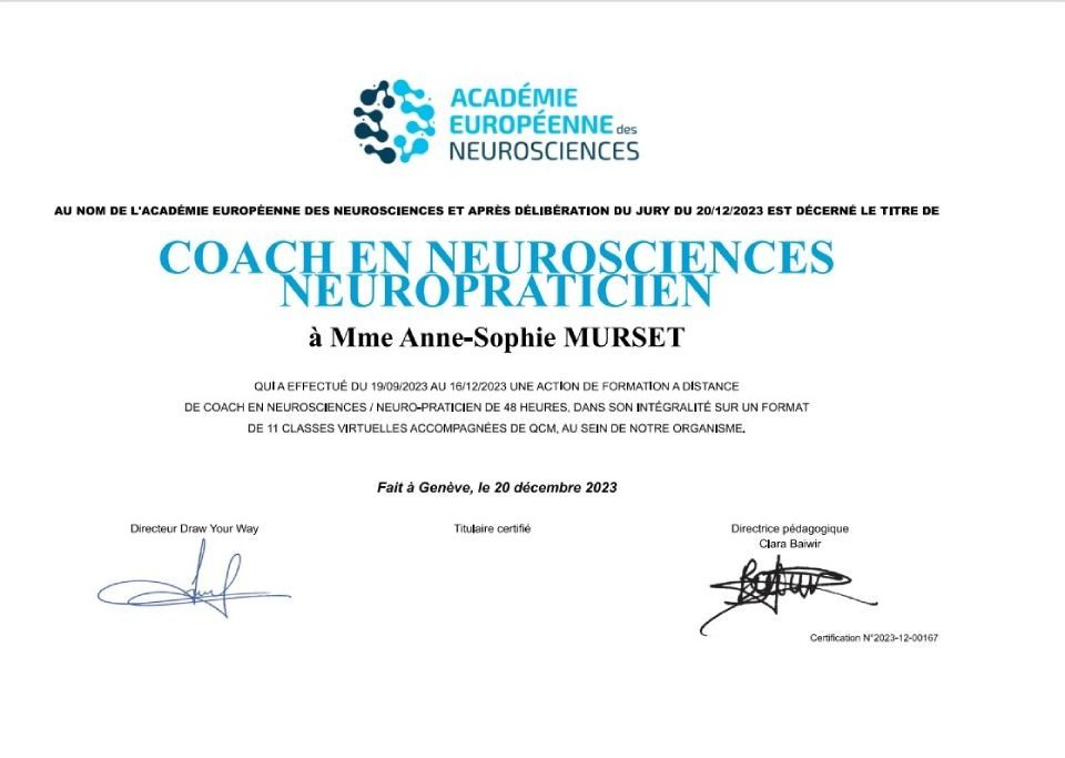 Un certificat qui dit coach en neurosciences neuropraticien