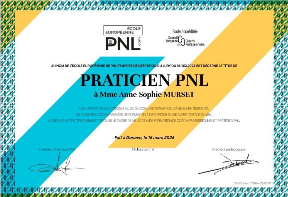 Un certificat sur lequel est écrit praticien pnl