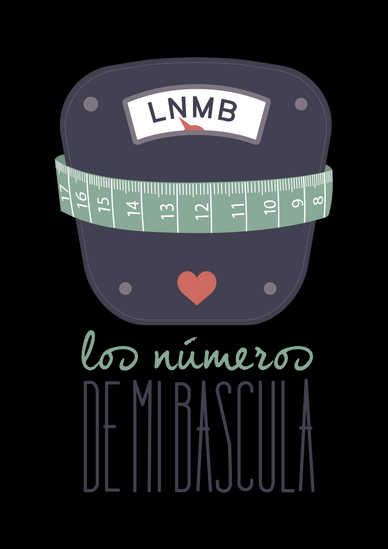 Una báscula de dibujos animados envuelta en una cinta métrica, con un texto que dice "Los números de mi báscula" y "LNMB" en la escala.
