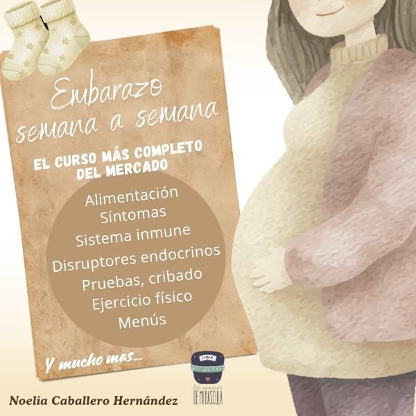 Una mujer embarazada y un texto que anuncia un curso sobre embarazo que cubre nutrición, síntomas, ejercicio y más.