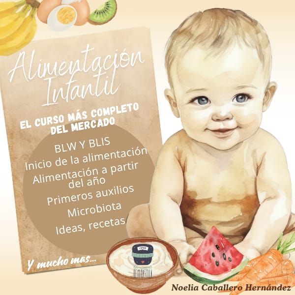 Anuncio de un curso infantil con un bebé rodeado de comida. El texto incluye 